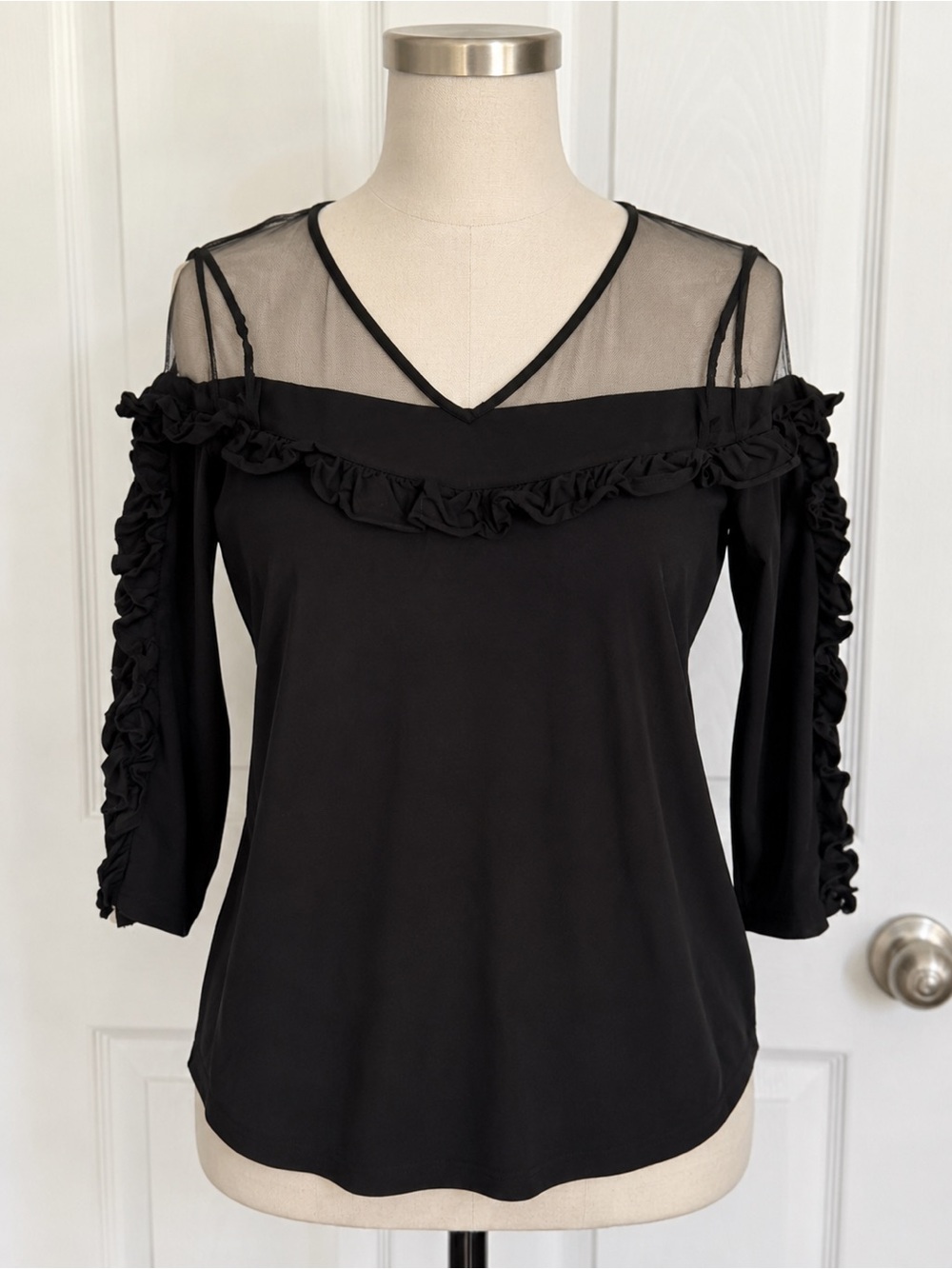 Sheer Yoke Black Ruffle Cold-Shoulder Top